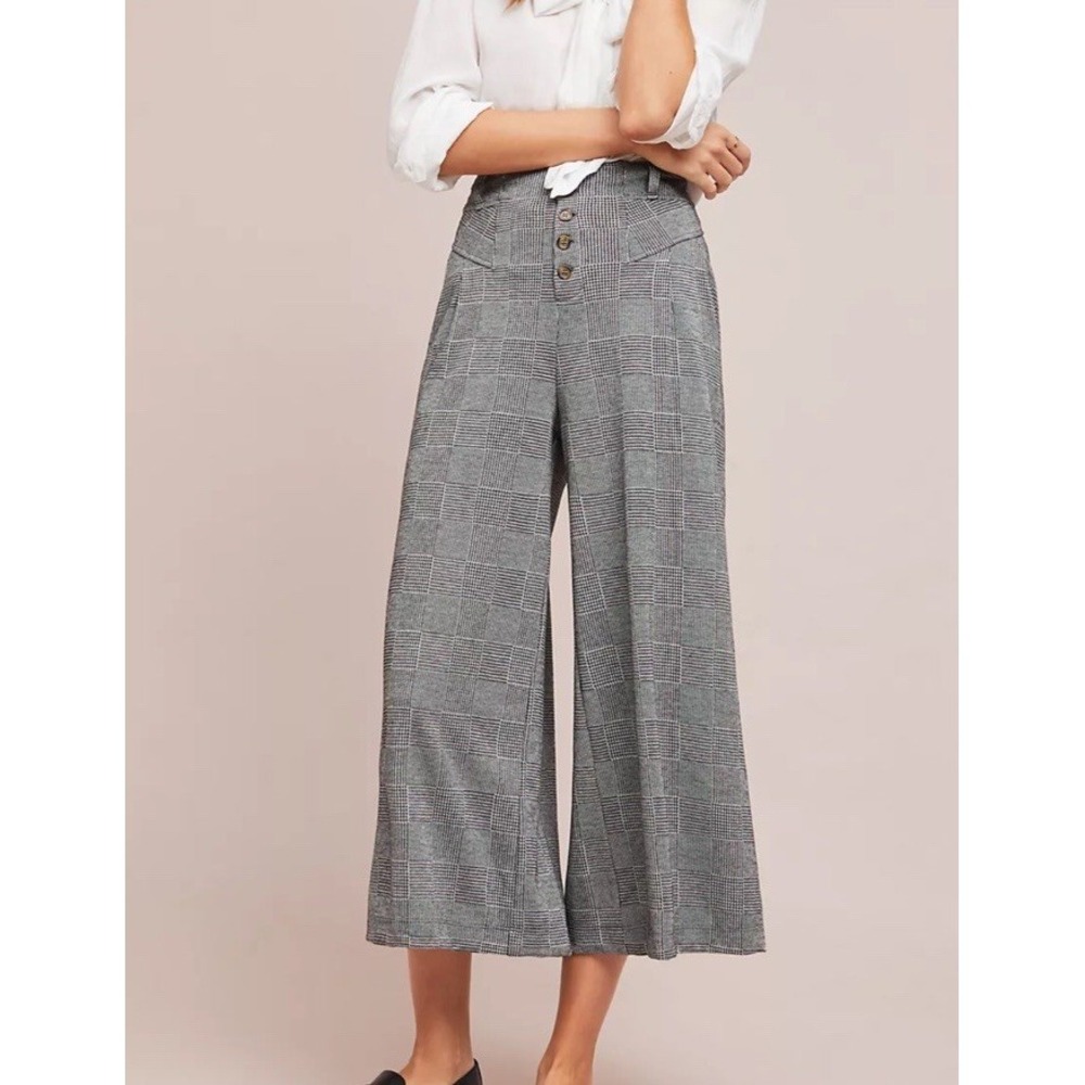 Maeve Anthropologie M Gray Houndstooth Plaid Pleated Wide Leg Crop Pant Academia